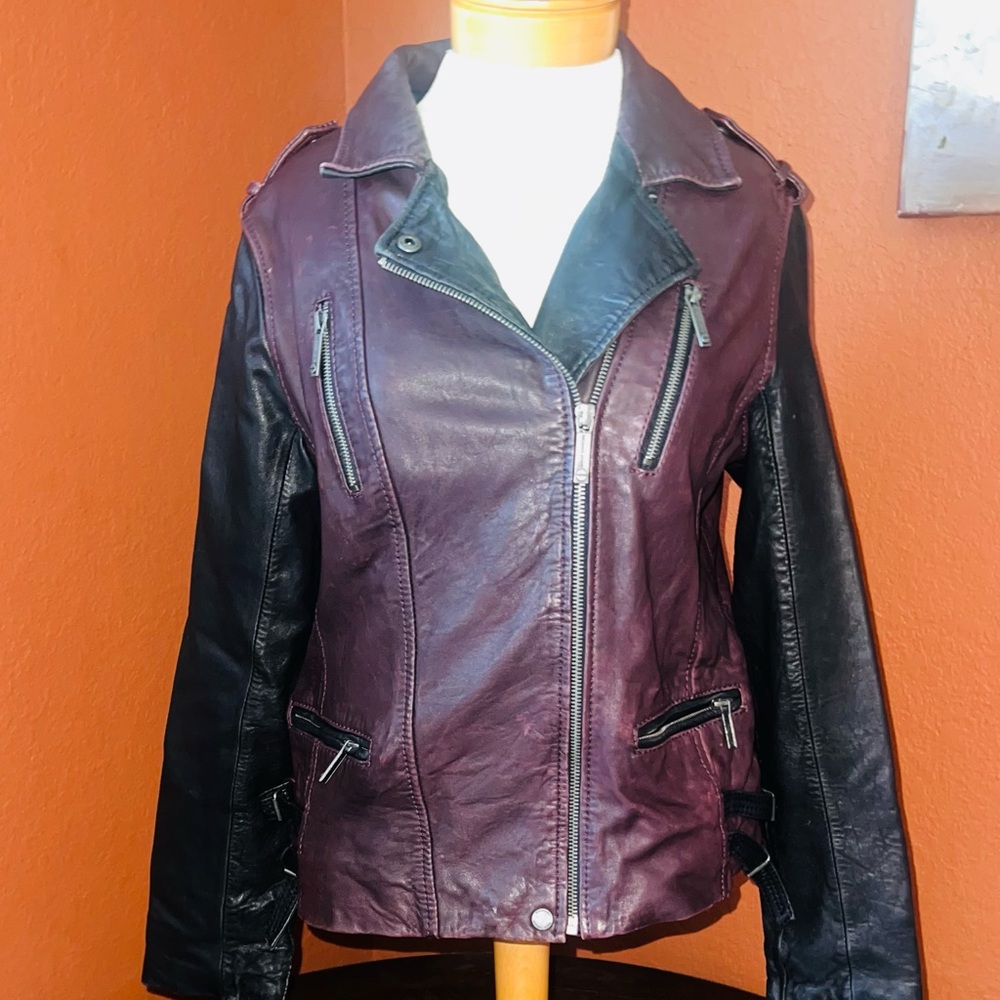 Michael Kors Plum and Black Leather Moto Jacket